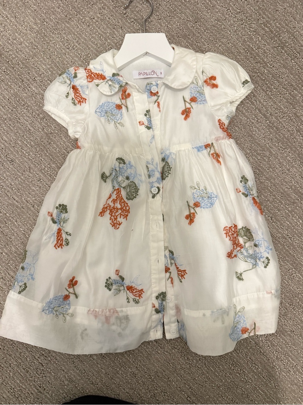 Papillon Blanc White Dress with Blue and Orange Floral Embroidery